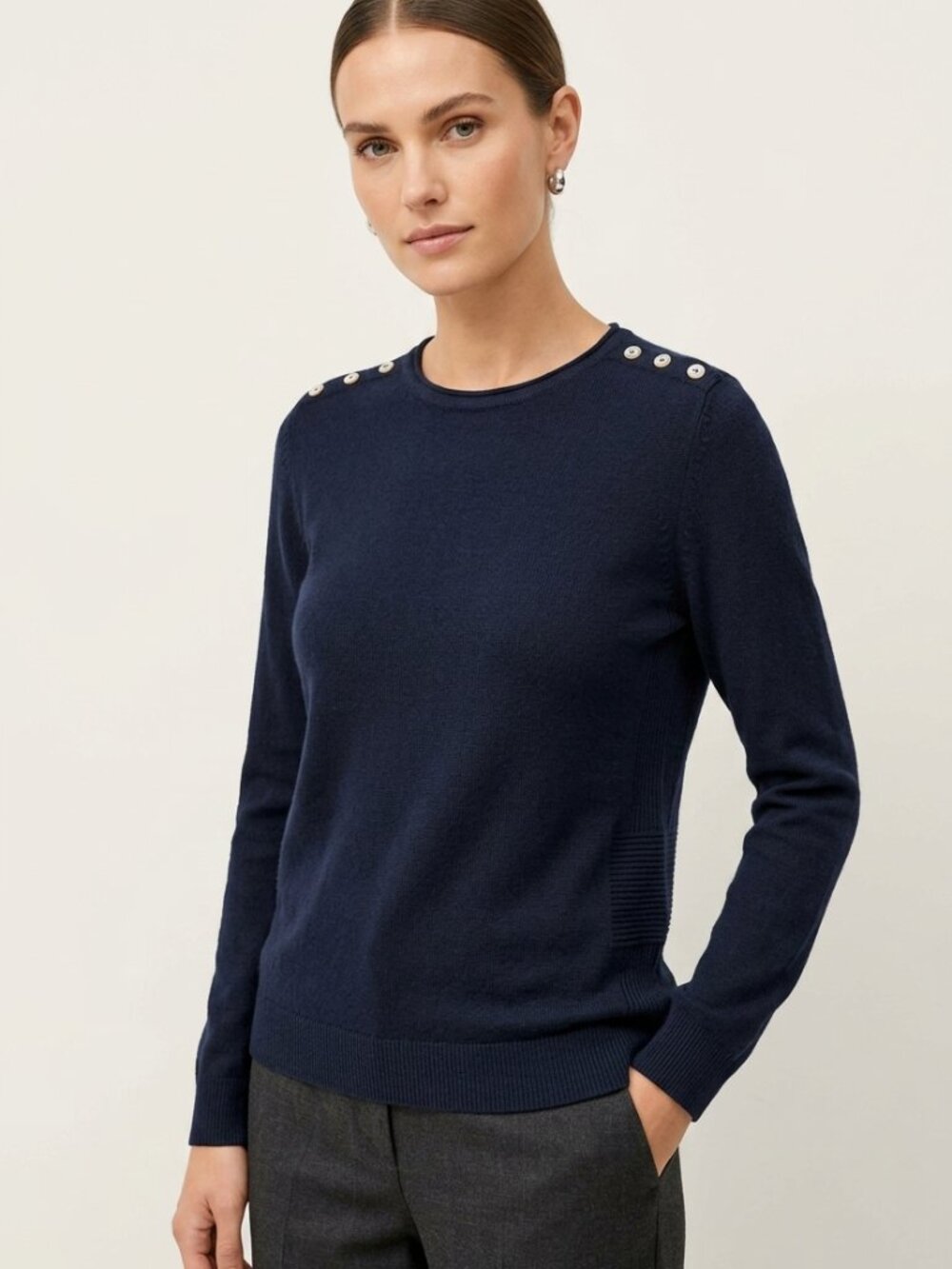 Atmosphere Womens Size 6 Navy Blue Shoulder Button Accent Knit Sweater Pullover